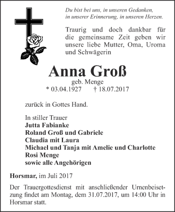 Traueranzeige von Anna Groß von Thüringer Allgemeine, Thüringische Landeszeitung