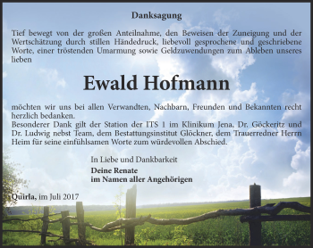 Traueranzeige von Ewald Hofmann von Ostthüringer Zeitung