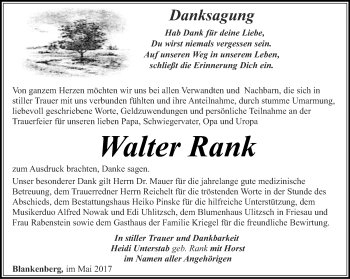 Traueranzeige von Walter Rank von Ostthüringer Zeitung