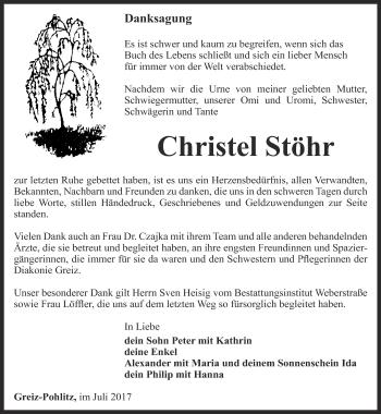 Traueranzeige von Christel Stöhr