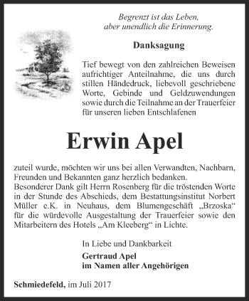 Traueranzeige von Erwin Apel von Ostthüringer Zeitung