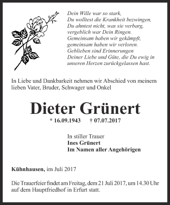 Traueranzeige von Dieter Grünert von Thüringer Allgemeine, Thüringische Landeszeitung