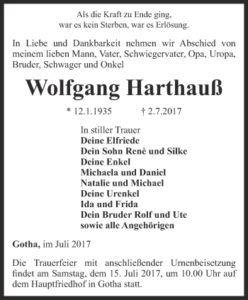 Traueranzeige von Wolfgang Harthauß von Ostthüringer Zeitung, Thüringische Landeszeitung