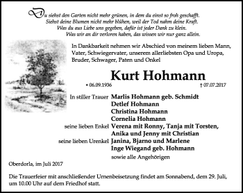 Traueranzeige von Kurt Hohmann von Thüringer Allgemeine, Thüringische Landeszeitung