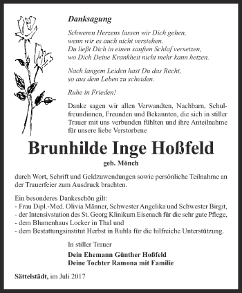 Traueranzeige von Brunhilde Inge Hoßfeld von Thüringer Allgemeine, Thüringische Landeszeitung