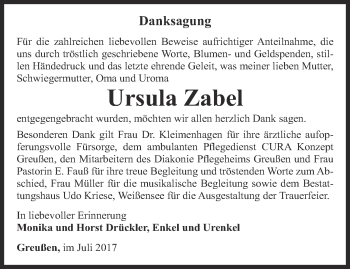 Traueranzeige von Ursula Zabel von Thüringer Allgemeine