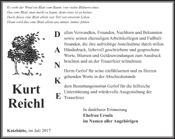 Traueranzeige von Kurt Reichl von Ostthüringer Zeitung