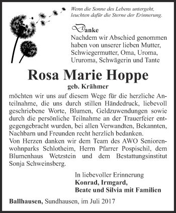 Traueranzeige von Rosa Marie Hoppe von Thüringer Allgemeine, Thüringische Landeszeitung