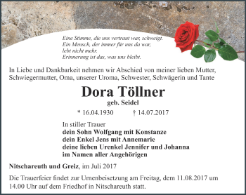 Traueranzeige von Dora Töllner von Ostthüringer Zeitung