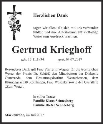Traueranzeige von Gertrud Krieghoff von Thüringer Allgemeine