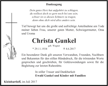 Traueranzeige von Christa Gunkel von Thüringer Allgemeine