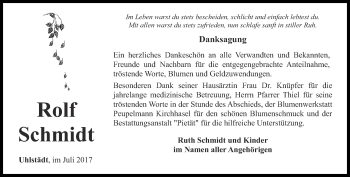 Traueranzeige von Rolf Schmidt von Ostthüringer Zeitung