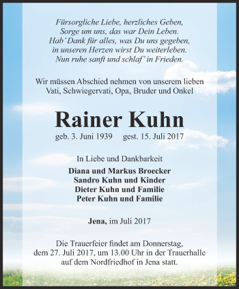 Traueranzeige von Rainer Kuhn von Ostthüringer Zeitung, Thüringische Landeszeitung