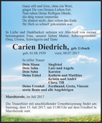 Traueranzeige von Carien Diedrich von Thüringer Allgemeine, Thüringische Landeszeitung