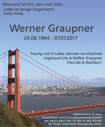 Traueranzeige von Werner Graupner von Ostthüringer Zeitung, Thüringische Landeszeitung