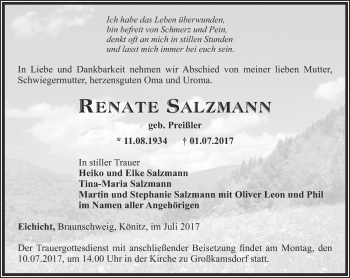 Traueranzeige von Renate Salzmann von Ostthüringer Zeitung