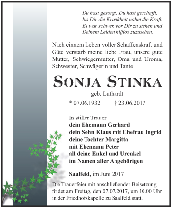 Traueranzeige von Sonja Stinka