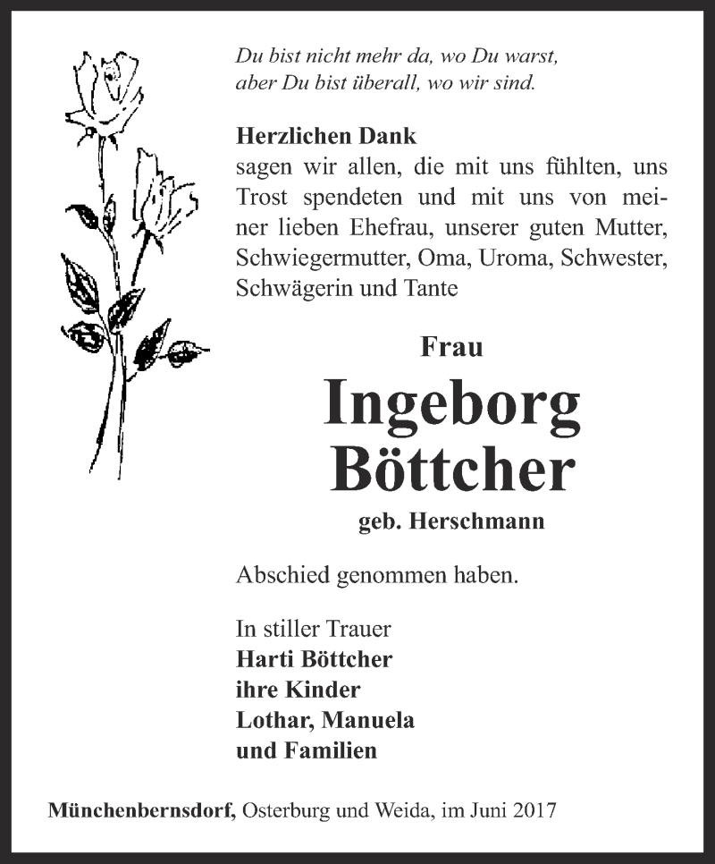  Traueranzeige für Ingeborg Böttcher vom 01.07.2017 aus Ostthüringer Zeitung