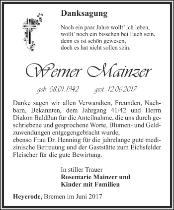 Traueranzeige von Werner Mainzer von Thüringer Allgemeine, Thüringische Landeszeitung