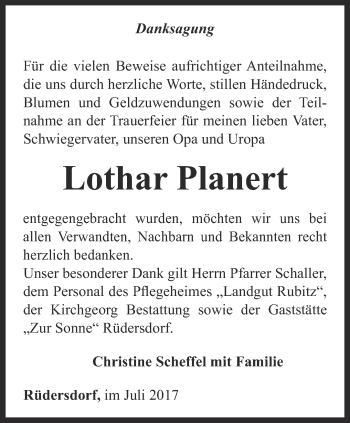 Traueranzeige von Lothar Planert von Ostthüringer Zeitung