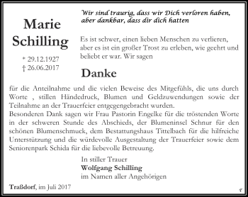 Traueranzeige von Marie Schilling von Thüringer Allgemeine