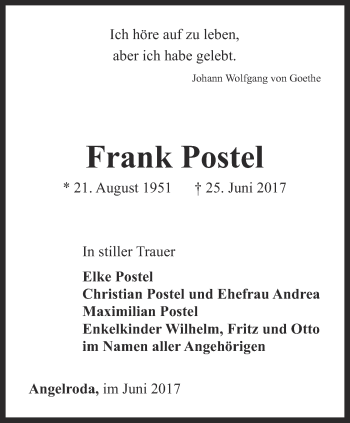 Traueranzeige von Frank Postel von Thüringer Allgemeine