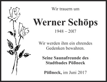 Traueranzeige von Werner Schöps von Ostthüringer Zeitung