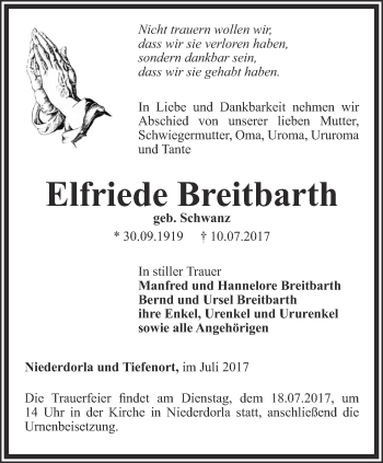 Traueranzeige von Elfriede Breitbarth von Thüringer Allgemeine, Thüringische Landeszeitung