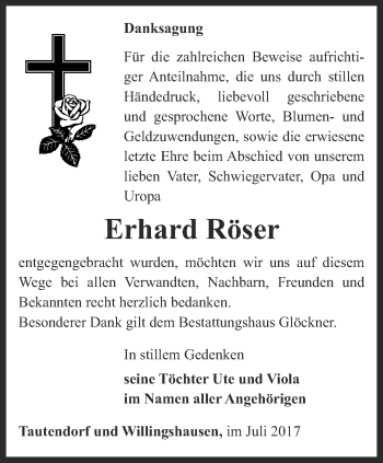 Traueranzeige von Erhard Röser von Ostthüringer Zeitung