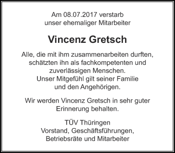 Traueranzeige von Vincenz Gretsch von Thüringer Allgemeine