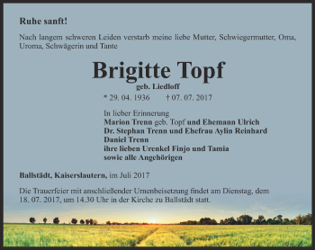 Traueranzeige von Brigitte Topf von Ostthüringer Zeitung, Thüringische Landeszeitung