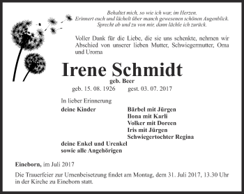 Traueranzeige von Irene Schmidt von Ostthüringer Zeitung