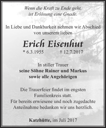 Traueranzeige von Erich Eisenhut von Ostthüringer Zeitung