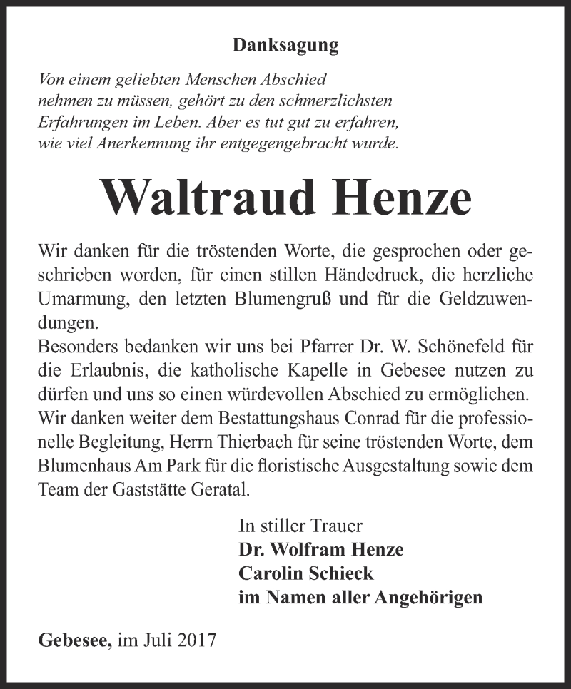  Traueranzeige für Waltraud Henze vom 22.07.2017 aus Thüringer Allgemeine, Thüringische Landeszeitung