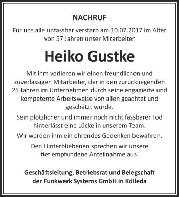 Traueranzeige von Heiko Gustke von Thüringer Allgemeine