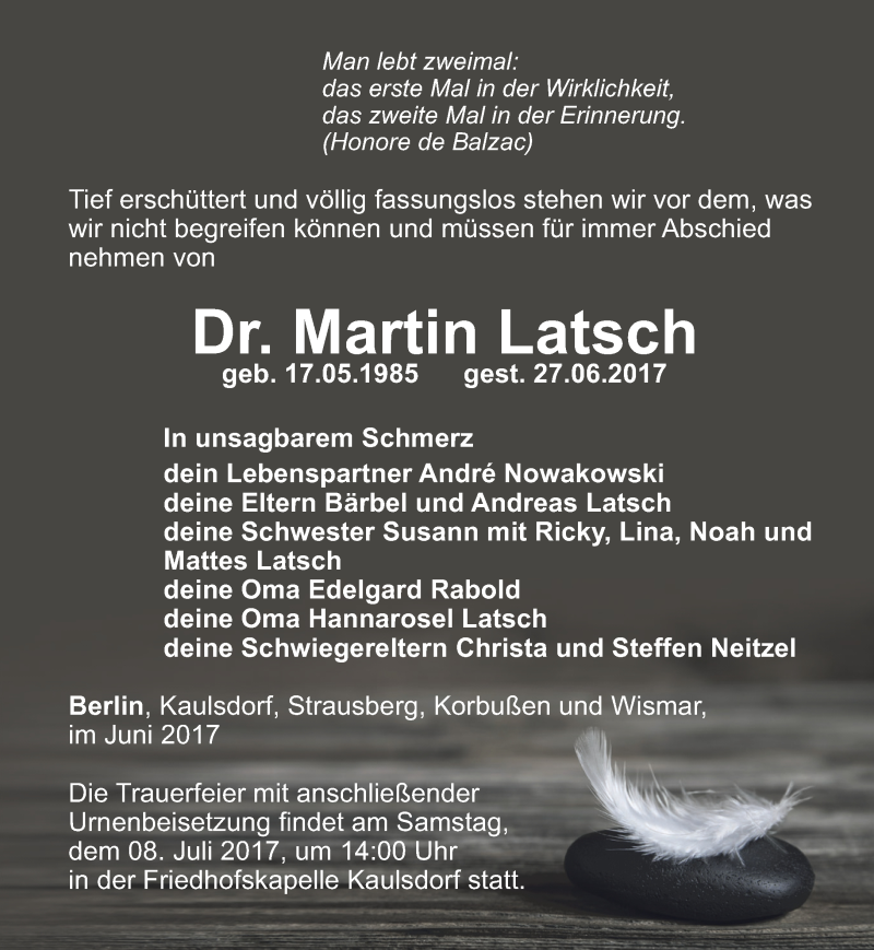  Traueranzeige für Martin Latsch vom 01.07.2017 aus Ostthüringer Zeitung
