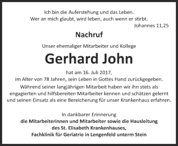 Traueranzeige von Gerhard John von Thüringer Allgemeine, Thüringische Landeszeitung