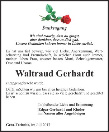 Traueranzeige von Waltraud Gerhardt von Ostthüringer Zeitung