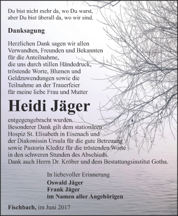 Traueranzeige von Heidi Jäger von Ostthüringer Zeitung, Thüringische Landeszeitung