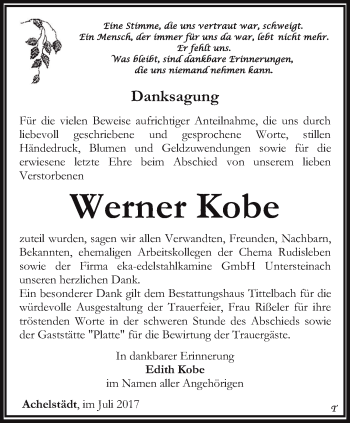 Traueranzeige von Werner Kobe von Thüringer Allgemeine