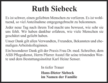 Traueranzeige von Ruth Siebeck von Thüringer Allgemeine, Thüringische Landeszeitung
