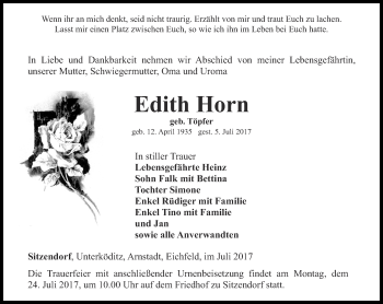 Traueranzeige von Edith Horn von Ostthüringer Zeitung