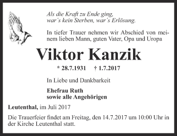 Traueranzeige von Viktor Kanzik von Thüringer Allgemeine, Thüringische Landeszeitung