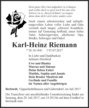 Traueranzeige von Karl-Heinz Riemann von Thüringer Allgemeine, Thüringische Landeszeitung