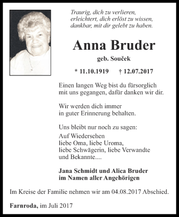 Traueranzeige von Anna Bruder von Thüringer Allgemeine, Thüringische Landeszeitung