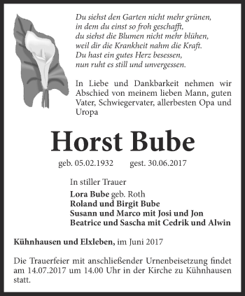 Traueranzeige von Horst Bube von Thüringer Allgemeine, Thüringische Landeszeitung