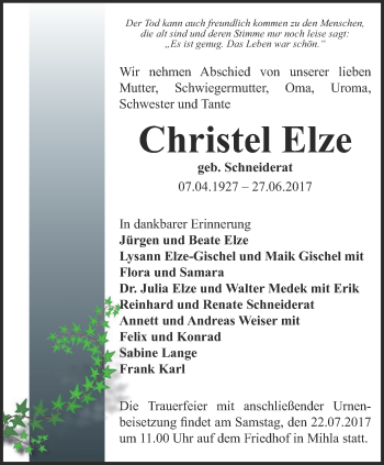 Traueranzeige von Christel Elze von Thüringer Allgemeine, Thüringische Landeszeitung