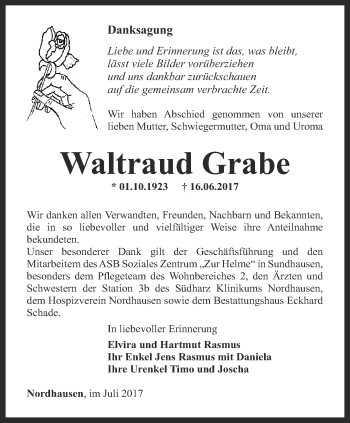 Traueranzeige von Waltraud Grabe von Thüringer Allgemeine