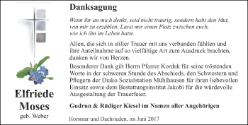 Traueranzeige von Elfriede Moses von Thüringer Allgemeine, Thüringische Landeszeitung