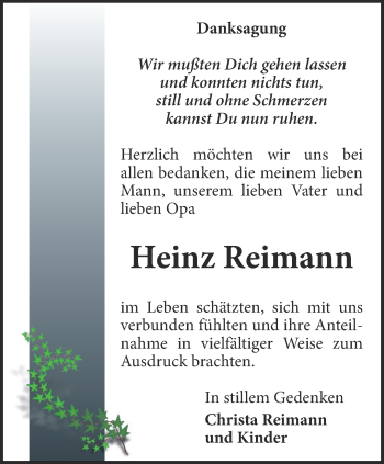 Traueranzeige von Heinz Reimann von Ostthüringer Zeitung